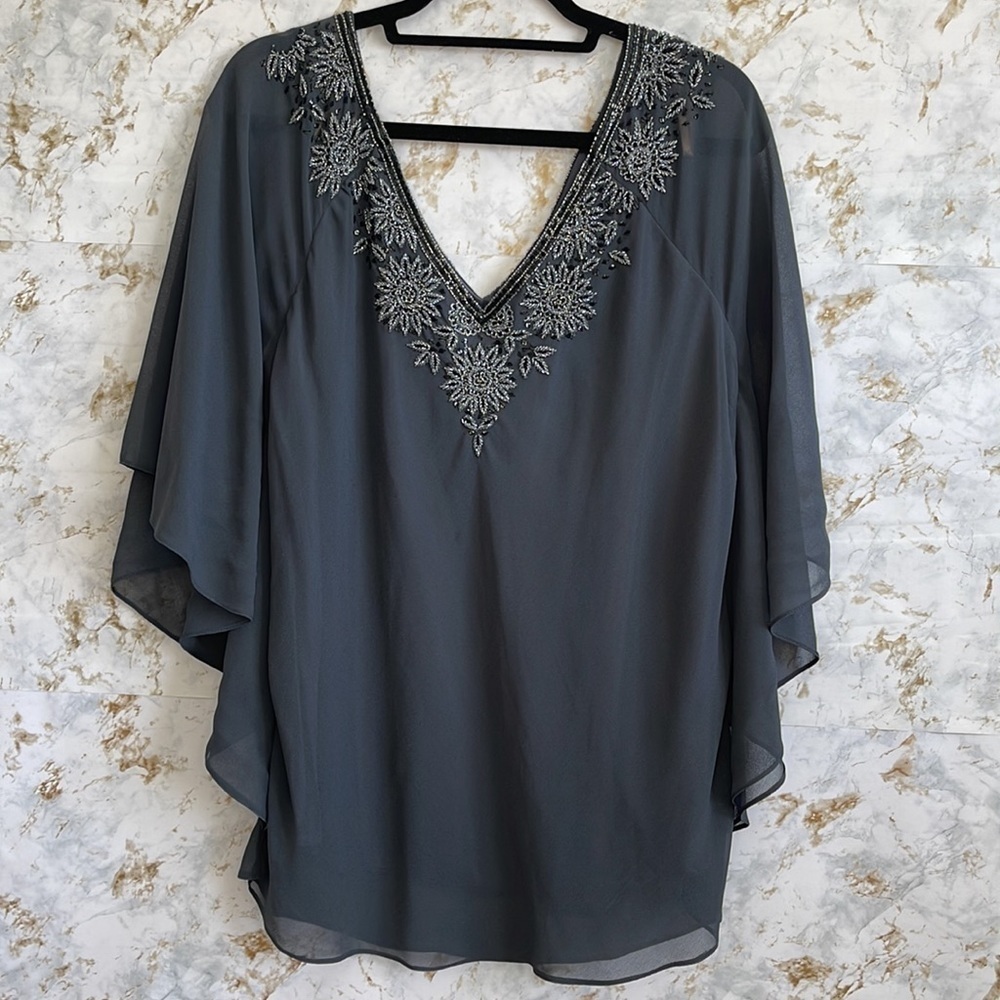 Adrianna Papell Embellished Tunic Sheer Blouse l SIZE L